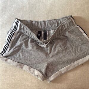 Adidas Gray Athletic Shorts with Stripes and Drawstring- rolled hem